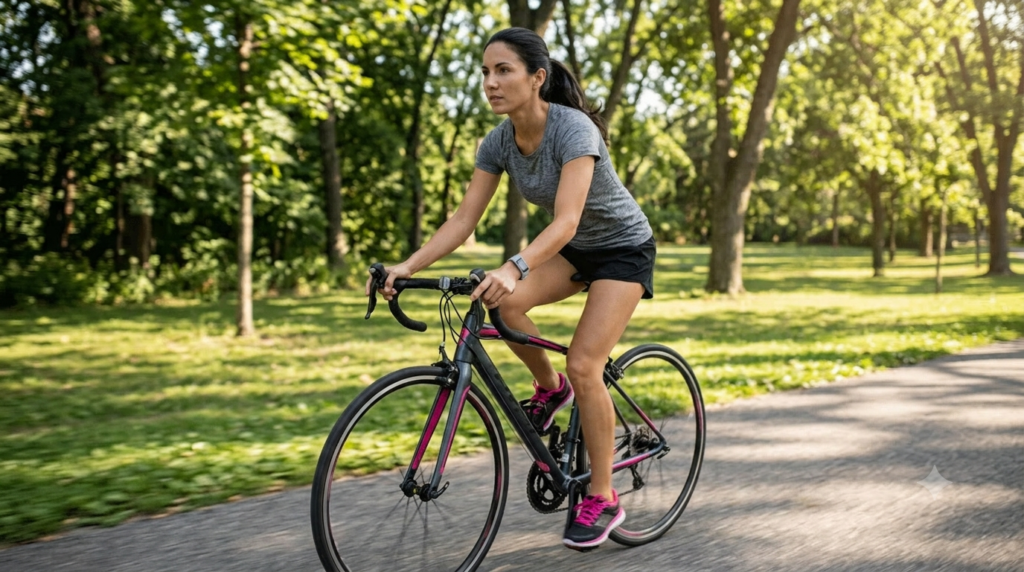 Person cycling outdoors to burn calories and improve fitness for healthy weight management.