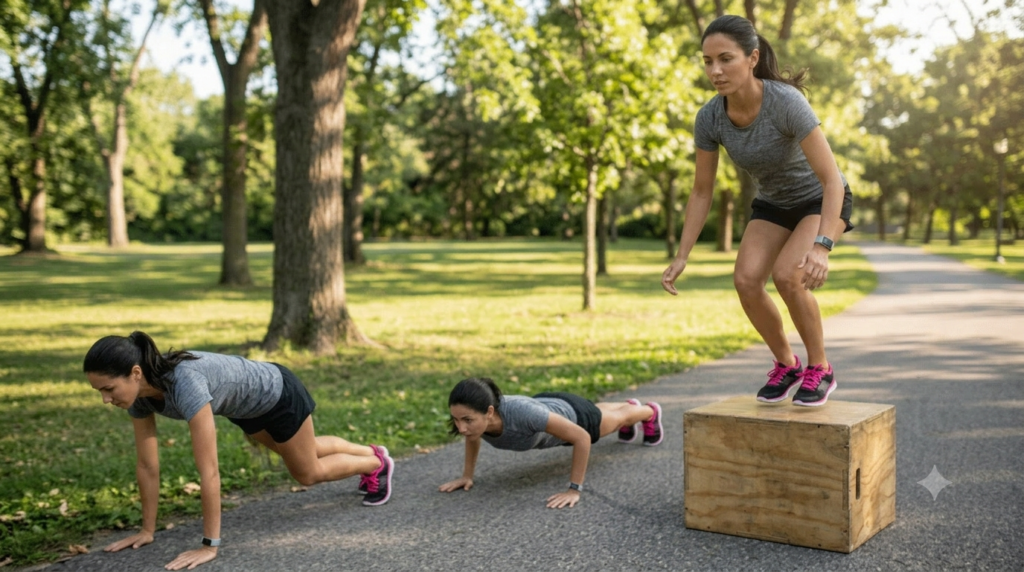 Focused athletic woman completing a rapid high-intensity interval training (HIIT) circuit in an outdoor park