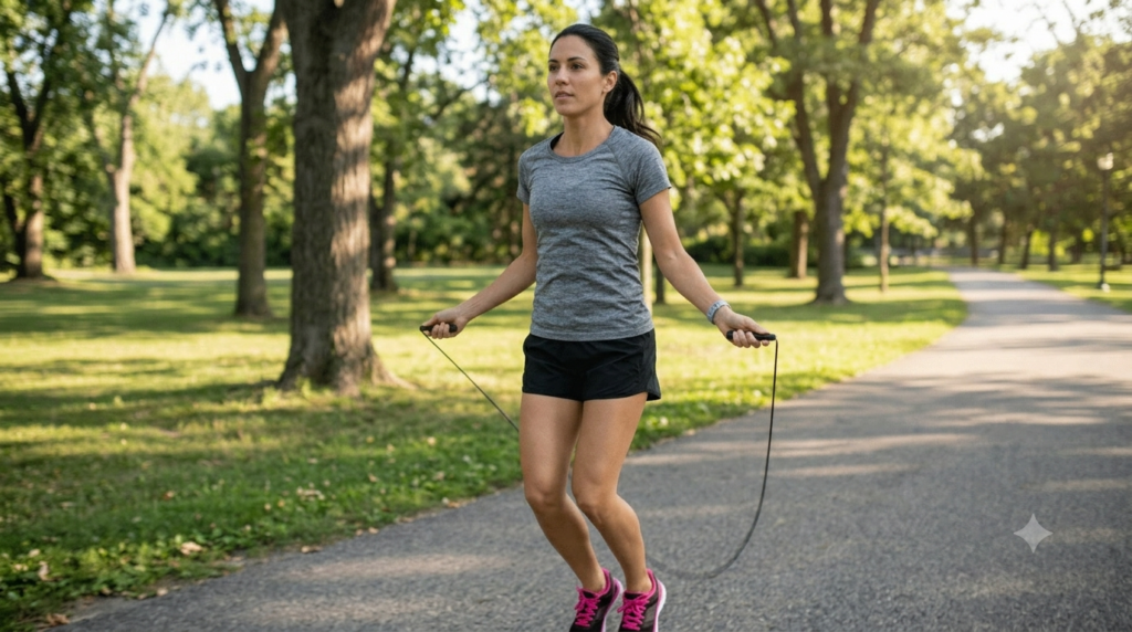 A woman in a park performing jump rope, an exercise that burns the most calories for weight loss