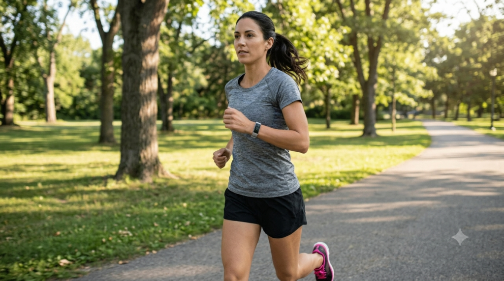 A person running outside, tracking a workout that burns the most calories for weight loss.