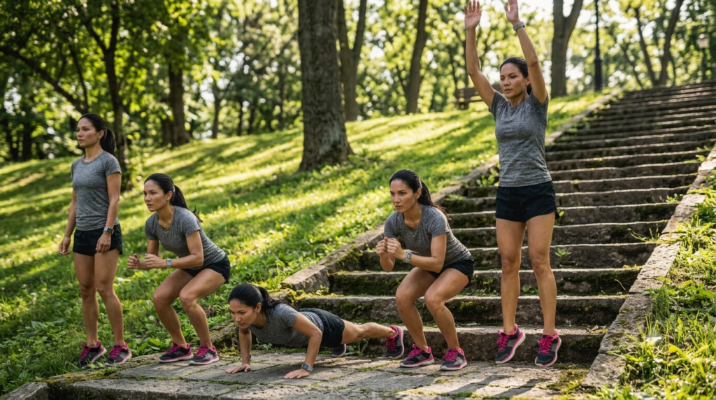Person performing burpees to burn calories, improve fitness, and support healthy weight loss