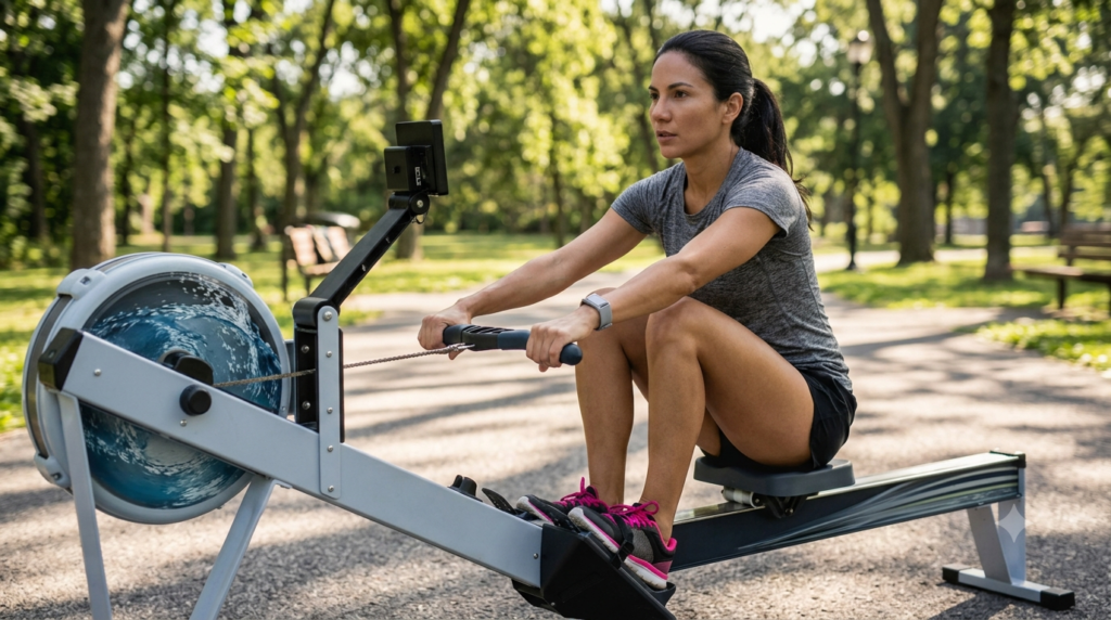Person performing a rowing workout to burn the most calories and improve cardiovascular fitness.